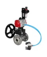 Кран шаровой DN.ru BV3131P(3pc)-FP-F-ISO-H Ду15 Ру40, фланцевый, полнопроходной, трехсоставной, нержавеющая сталь SS304, PTFE, с пневмоприводом PA-DA-052, с пневмораспределителем 4V320-10 AC220V, ручным дублером MON1-250-T26-ISO, БПВ AFC2000