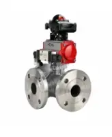 Кран шаровой DN.ru BV3232P(2pc)-FP-3WL-F-ISO-H Ду80 Ру16 HYMT трехходовой L-тип, полнопроходной, фланцевый, корпус - нержавеющая сталь AISI316, с пневмоприводом PA-SA-130, пневмораспределителем 4M320-08 AC220V и БКВ APL-210N