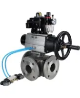 Кран шаровой DN.ru BV3232P(4pc)-FP-3WL-F Ду100 Ру16 полнопроходной трехходовой, фланцевый, корпус - нержавеющая сталь SS316, с пневмоприводом DN.ru PA-DA-105-1, пневмораспределителем 4V320-08 AC220V, БКВ APL-410N EX и БПВ AFC2000