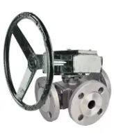 Кран шаровой DN.ru BV3232P(4pc)-FP-3WL-F-ISO-H Ду65 Ру16 полнопроходной трехходовой, нержавеющая сталь SS316, фланцевый, уплотнение - PTFE, с редуктором DN.ru RDN RQN4-500Z-T30