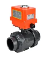 Кран шаровой DN.ru BV4242E-FP-GRM-ISO Дн50 Ру10 полнопроходной, клеевой с разборным муфтовым соединением, корпус - НПВХ, шар - НПВХ, уплотнение - EPDM, с электроприводом DN.ru QT-N-003EM-O1-220VAC-У1 MINI
