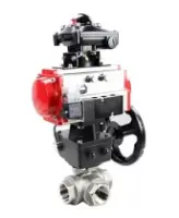 Кран шаровой DN.ru BV3232P(4pc)-SP-3WL-T-ISO-H 1/2″ Ду15 Ру63 стандартнопроходной трехходовой L-тип, нержавеющая сталь SS316, внутренняя резьба, PTFE, пн.привод PA-DA-052 пн.распределитель 4M310-08 AC220V ручной дублер MON1-250-T26-ISO БКВ APL-510N-EX