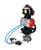 Кран шаровой DN.ru BV3232P(3pc)-FP-W-ISO-H WDVF Ду25 Ру63 полнопроходной, трехсоставной, нерж. сталь 316, PTFE, под приварку, с пневмоприводом PA-DA-052, пн.распределителем 4V320-08 AC220V, БКВ APL-510N EX, ручным дублером MON1-250-T26-ISO