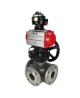 Кран шаровой DN.ru BV3232P(4pc)-FP-3WL-F Ду65 Ру16 полнопроходной трехходовой, фланцевый, корпус - нержавеющая сталь SS316, с пневмоприводом DN.ru PA-DA-083 двойного действия, БКВ APL-510N EX и ручным дублером MON2-450-T28-ISO
