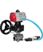Кран шаровой DN.ru BV3232P(3pc)-FP-W-ISO-H Ду65 Ру25, полнопроходной, трехсоставной, нержавеющая сталь 316, уплотнение - PTFE, под приварку, с пневмоприводом PA-DA-083, пневмораспределителем 4V320-10 AC220V, ручным дублером MON2-450-T28-ISO