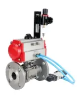 Кран шаровой DN.ru BV3131P(3pc)-FP-F-ISO-H Ду100 Ру16 полнопроходной трехсоставной, фланцевый, нержавеющая сталь 304, уплотнение - PTFE, 22х22, F10, WDVF, с пневмоприводом DN.ru PA-DA-105, пневмораспределителем 4V320-08 AC220V и БПВ AFC2000