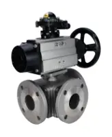 Кран шаровой DN.ru BV3232P(4pc)-FP-3WL-F Ду100 Ру16 полнопроходной трехходовой, фланцевый, корпус - нержавеющая сталь SS316, с пневмоприводом DN.ru PA-DA-105-1 двойного действия и БКВ APL-210N