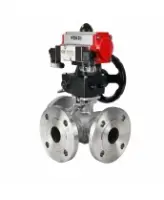 Кран шаровой DN.ru BV3232P(2pc)-FP-3WL-F-ISO-H Ду20 Ру16 HYMT трехходовой L-тип, полнопроходной, фланцевый, корпус - нержавеющая сталь AISI316, с пневмоприводом PA-DA-052, пневмораспределителем 4M320-08 AC220V и ручным дублером MON1-250-T26-ISO