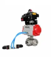 Кран шаровой DN.ru BV3232P(4pc)-SP-3WL-T-ISO-H WDVF Ду40 Ру63 стандартнопроходной, 3-ходовой L-тип, внутренняя резьба, нержавеющая сталь AISI 316, PTFE, с пневмоприводом PA-SA-130, пневмораспределителем 4V320-08 AC220V и БКВ APL-410N EX