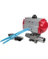 Кран шаровой DN.ru BV3232P(3pc)-FP-W-ISO-H LONG Ду32 Ру40 полнопроходной, корпус - нержавеющая сталь 316, уплотнение - PTFE, под приварку, с пневмоприводом DN.ru PA-SA-083 и пневмораспределителем 4V320-08 AC220V