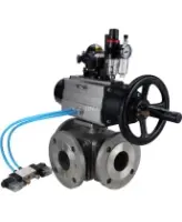 Кран шаровой DN.ru BV3232P(4pc)-FP-3WL-F Ду100 Ру16 полнопроходной трехходовой, фланцевый, корпус - нержавеющая сталь SS316, с пневмоприводом DN.ru PA-DA-105-1, пневмораспределителем 4V320-08 AC220V, БКВ APL-210N и БПВ AFC2000