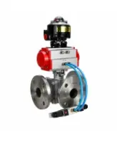 Кран шаровой DN.ru BV3232P(2pc)-FP-3WL-F-ISO-H Ду80 Ру16 HYMT, трехходовой L-тип, полнопроходной, фланцевый, корпус - нержавеющая сталь SS316, с пневмоприводом PA-SA-130, пневмораспределителем 4V320-08 AC220V и БКВ APL-510N EX