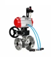 Кран шаровой DN.ru BV3232P(2pc)-FP-3WL-F-ISO-H Ду20 Ру16 HYMT, трехходовой L-тип, полнопроходной, фланцевый, корпус - нержав.сталь SS316, с пневмоприводом PA-DA-052, пневмораспределителем 4V320-08 AC220V, ручным дублером MON1-250-T26-ISO и БПВ AFC2000