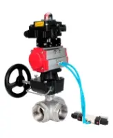 Кран шаровой DN.ru BV3232P(4pc)-SP-3WL-T-ISO-H Ду15 Ру63, стандартнопроходной, нержавеющая сталь 316, PTFE, внутренняя резьба, с пневмоприводом PA-DA-052, пневмораспределителем 4V320-08 AC220V, БКВ APL-410N Ex, ручным дублером MON1-250-T26-ISO