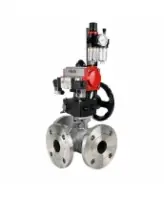 Кран шаровой DN.ru BV3232P(2pc)-FP-3WL-F-ISO-H Ду20 Ру16 HYMT трехходовой L-тип, полнопроходной, фланцевый, корпус - нерж.сталь AISI316, с пневмоприводом PA-DA-052, пн.распределителем 4M320-08 AC220V, ручным дублером MON1-250-T26-ISO и БПВ AFC2000