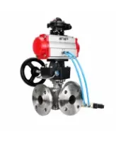 Кран шаровой DN.ru BV3232P(2pc)-FP-3WL-F-ISO-H Ду20 Ру16 HYMT, трехходовой L-тип, полнопроходной, фланцевый, нержав.сталь SS316, с пневмоприводом PA-DA-052, пневмораспределителем 4V320-08 AC220V, ручным дублером MON1-250-T26-ISO и БКВ APL-210N