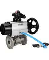 Кран шаровой DN.ru BV3131P(3pc)-FP-F-ISO-H Ду100 Ру16 полнопроходной трехсоставной, фланцевый, нержавеющая сталь 304, уплотнение - PTFE, 22х22, F10, WDVF, с пневмоприводом DN.ru PA-DA-105-1, пневмораспределителем 4V320-08 AC220V и БКВ APL-210N
