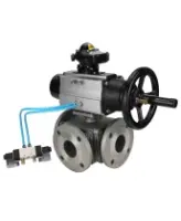 Кран шаровой DN.ru BV3232P(4pc)-FP-3WL-F Ду100 Ру16 полнопроходной трехходовой, фланцевый, корпус - нержавеющая сталь SS316, с пневмоприводом DN.ru PA-DA-105-1 двойного действия, пневмораспределителем 4V320-08 AC220V и БКВ APL-210N