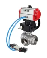 Кран шаровой DN.ru BV3232P(4pc)-SP-3WL-T-ISO-H Ду15 Ру63, стандартнопроходной, четырехсоставной, нержавеющая сталь 316, PTFE, внутренняя резьба, с пневмоприводом PA-DA-052, пневмораспределителем 4V320-08 AC220V, ручным дублером MON1-250-T26-ISO