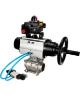 Кран шаровой DN.ru BV3232P(3pc)-FP-W-ISO-H Ду80 Ру25, полнопроходной, трехсоставной, нержавеющая сталь 316, уплотнение - PTFE, под приварку, с пневмоприводом PA-DA-105-1, пневмораспределителем 4V320-10 AC220V, БКВ APL-410N Ex