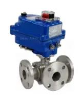 Кран шаровой DN.ru BV3232P(2pc)-FP-3WL-F-ISO-H Ду20 Ру16 HYMT, трехходовой L-тип, полнопроходной, фланцевый, корпус - нержавеющая сталь SS316, с электроприводом QT-N-003EM-O1-220VAC-У1 blue