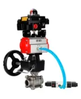 Кран шаровой DN.ru BV3232P(3pc)-FP-W-ISO-H WDVF Ду25 Ру63 полнопроходной, трехсоставной, нерж. сталь 316, PTFE, под приварку, с пневмоприводом PA-DA-052, пн.распределителем 4V320-08 AC220V, БКВ APL-410N EX, ручным дублером MON1-250-T26-ISO