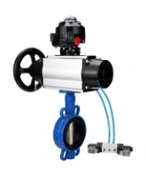 Затвор дисковый поворотный DN.ru WBV1413E-2W-Fb-H Ду150 Ру16, корпус - чугун GGG50, диск - чугун GGG40, уплотнение - EPDM, с пневмоприводом DN.ru PA-DA-105-1 двойного действия, с пневмораспределителем 4V320-08 AC220V, с БКВ APL-510N-EX