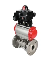 Кран шаровой DN.ru BV3131P(3pc)-FP-F-ISO-H Ду15 Ру40, трехсоставной полнопроходной фланцевый, нержавеющая сталь SS304, уплотнение - PTFE, с пневмоприводом PA-SA-065 с возвратными пружинами, с пневмораспределителем 4M310-08 AC220V, с БКВ APL-410N EX