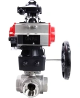 Кран шаровой DN.ru BV3232P(4pc)-SP-3WL-T-ISO-H Ду100 Ру40 стандартнопроходной трехходовой L-тип, нерж. сталь SS316, внутренняя резьба, PTFE, пн.приводом PA-DA-083, пн.распределителем 4M310-08 AC220V, БКВ APL-210N и ручным дублером MON2-450-T28-ISO