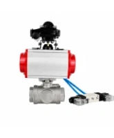 Кран шаровой DN.ru BV3232P(4pc)-SP-3WL-T-ISO-H WDVF Ду40 Ру63 стандартнопроходной, 3-ходовой L-тип, внутренняя резьба, нержавеющая сталь AISI 316, PTFE, с пневмоприводом PA-SA-130, пневмораспределителем 4V320-08 AC220V и БКВ APL-210N