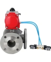 Кран шаровой DN.ru BV3232P(4pc)-FP-3WL-F Ду65 Ру16 полнопроходной трехходовой, фланцевый, корпус - нержавеющая сталь SS316, с пневмоприводом DN.ru PA-DA-083 двойного действия и пневмораспределителем 4V320-08 AC220V