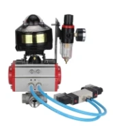 Кран шаровой DN.ru BV3232P(4pc)-SP-3WL-T-ISO-H 1/2″ Ду15 Ру63 стандартнопроходной трехходовой L-тип, нержавеющая сталь SS316, внутренняя резьба, PTFE, с пн.приводом DN.ru PA-DA-052 пн.распределителем 4V320-08 AC220V БПВ AFC2000 БКВ APL-510N-EX