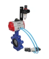 Затвор дисковый поворотный DN.ru WBV1631E-2W-Fb-H Ду100 Ру16 LUG корпус - чугун QT450, диск - нержавеющая сталь 304, уплотнение - EPDM, с пневмоприводом DN.ru PA-DA-083, пневмораспределителем 4V320-08 AC220V и БПВ AFC2000
