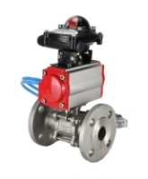 Кран шаровой DN.ru BV3131P(3pc)-FP-F-ISO-H Ду15 Ру40, трехсоставной полнопроходной фланцевый, нержавеющая сталь SS304, уплотнение - PTFE, с пневмоприводом PA-SA-065 с возвратными пружинами, с пневмораспределителем 4V320-08 AC220V, с БКВ APL-210N