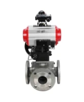 Кран шаровой DN.ru BV3232P(4pc)-FP-3WL-F Ду65 Ру16 полнопроходной трехходовой, фланцевый, корпус - нержавеющая сталь SS316, с пневмоприводом DN.ru PA-DA-083, пневмораспределителем 4M310-08 AC220V, БКВ APL-210N и ручным дублером MON2-450-T28-ISO