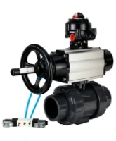 Кран шаровой DN.ru BV4242E-FP-GRM-ISO Дн50 Ру10 полнопроходной, корпус - НПВХ, шар - НПВХ, уплотнение - EPDM, с пневмоприводом PA-DA-105-1, пневмораспределителем 4V320-08 AC220V и БКВ APL-510N EX