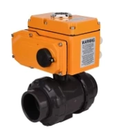 Кран шаровой DN.ru BV4242E-FP-GRM-ISO Дн80 Ру10 полнопроходной, клеевой с разборным муфтовым соединением, корпус - НПВХ, шар - НПВХ, уплотнение - EPDM, с электроприводом DN.ru QT-N-005EM-O1-380VAC-У1