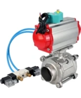 Кран шаровой DN.ru BV3232P(3pc)-FP-W-ISO-H WDVF Ду40 Ру40 полнопроходной, трехсоставной, корпус - нержавеющая сталь 316, PTFE, под приварку, с пневмоприводом PA-DA-065, пневмораспределителем 4V320-08 AC220V и магнитным переключателем ALS200D
