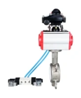 Затвор дисковый поворотный DN.ru WBV3232P-2W-Fb-H Ду200 Ру16, корпус - нержавеющая сталь 316L, диск - нержавеющая сталь 316L, уплотнение - PTFE, с пневмоприводом PA-SA-210 с возвратными пружинами, с пневмораспределителем 4V320-08 AC220V, с БКВ APL-210N