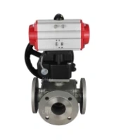 Кран шаровой DN.ru BV3232P(4pc)-FP-3WL-F Ду65 Ру16 полнопроходной трехходовой, фланцевый, корпус - нержавеющая сталь SS316, с пневмоприводом DN.ru PA-DA-083 двойного действия и ручным дублером MON2-450-T28-ISO