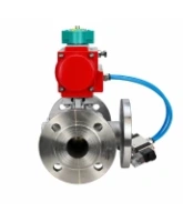 Кран шаровой DN.ru BV3232P(2pc)-FP-3WL-F-ISO-H Ду20 Ру16 HYMT, трехходовой L-тип, полнопроходной, фланцевый, корпус - нержавеющая сталь SS316, с пневмоприводом PA-DA-052, пневмораспределителем 4V320-08 AC220V и магнитным переключателем ALS200D