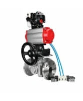 Кран шаровой DN.ru BV3232P(2pc)-FP-3WL-F-ISO-H Ду20 Ру16 HYMT, трехходовой L-тип, полнопроходной, фланцевый, нерж.сталь SS316, с пн.приводом PA-DA-052, пн.распредел 4V320-08 AC220V, ручн.дублером MON1-250-T26-ISO, БКВ APL-510N EX и БПВ AFC2000