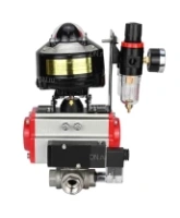 Кран шаровой DN.ru BV3232P(4pc)-SP-3WL-T-ISO-H 1/2″ Ду15 Ру63 стандартнопроходной трехходовой L-тип, нержавеющая сталь SS316, внутренняя резьба, уплотнение - PTFE, пн.привод DN.ru PA-DA-052 пн.распределитель 4M310-08 AC220V БПВ AFC2000 БКВ APL-510N-EX