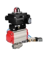 Кран шаровой DN.ru BV3232P(4pc)-SP-3WL-T-ISO-H Ду15 Ру63, стандартнопроходной, четырехсоставной, корпус - нержавеющая сталь 316, уплотнение - PTFE, внутренняя резьба, с пневмоприводом PA-DA-052, пневмораспределителем 4V320-08 AC220V, БКВ APL-410N Ex