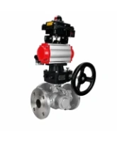 Кран шаровой DN.ru BV3232P(2pc)-FP-3WL-F-ISO-H Ду20 Ру16 HYMT, трехходовой L-тип, полнопроходной, фланцевый, корпус - нержав.сталь SS316, с пн.приводом PA-DA-052, пн.распределителем 4M310-08 AC220V, ручным дублером MON1-250-T26-ISO и БКВ APL-410N EX
