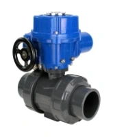 Кран шаровой DN.ru BV4242E-FP-GRM-ISO Дн50 Ру10 полнопроходной, корпус - НПВХ, шар - НПВХ, уплотнение - EPDM, с электроприводом DN.ru QT-N-005M-O2-220VAC-У1 с моментной муфтой и штурвалом