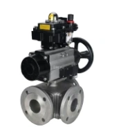 Кран шаровой DN.ru BV3232P(4pc)-FP-3WL-F Ду100 Ру16 полнопроходной трехходовой, фланцевый, корпус - нержавеющая сталь SS316, с пневмоприводом DN.ru PA-DA-105-1, пневмораспределителем 4M310-08 AC220V, БКВ APL-410N EX и БПВ AFC2000