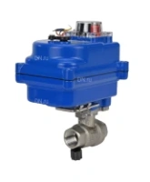 Кран шаровой DN.ru BV3232P(2pc)-FP-T-ISO-H Ду20 Ру63 полнопроходной двухходовой, нержавеющая сталь 316, внутренняя резьба, уплотнение - PTFE, с электроприводом четвертьоборотным QT-N-003EM-O1-24VDC-У1 blue