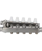 Коллекторная группа DN.ru GC4-31-5 1″ Ду25 Ру10 отводов — 5, в сборе с терморегулирующими клапанами и запорно-балансировочными клапанами, дренажным краном и воздухоотводчиком, с заглушками, без переходников, корпус - нержавеющая сталь AISI 304