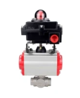 Кран шаровой DN.ru BV3232P(4pc)-SP-3WL-T-ISO-H Ду100 Ру40 стандартнопроходной трехходовой L-тип, нержавеющая сталь SS316, внутренняя резьба, уплотнение - PTFE, с пневмоприводом PA-DA-83 и блоком концевых выключателей APL-410N EX
